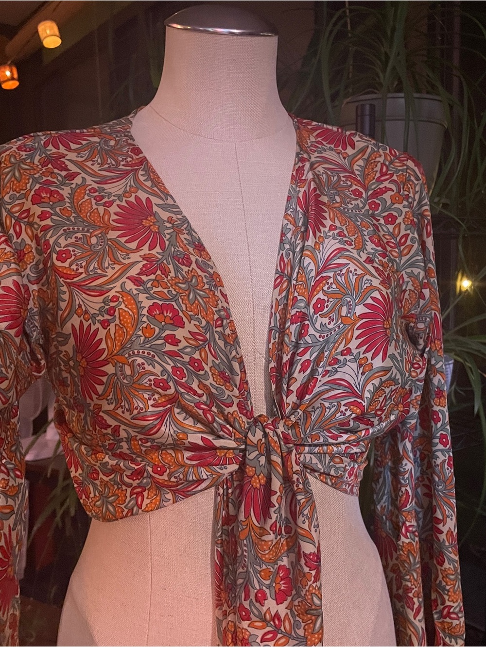 Tie-Front Floral Crop Top in Red and Orange, bell sleeve wrap top
